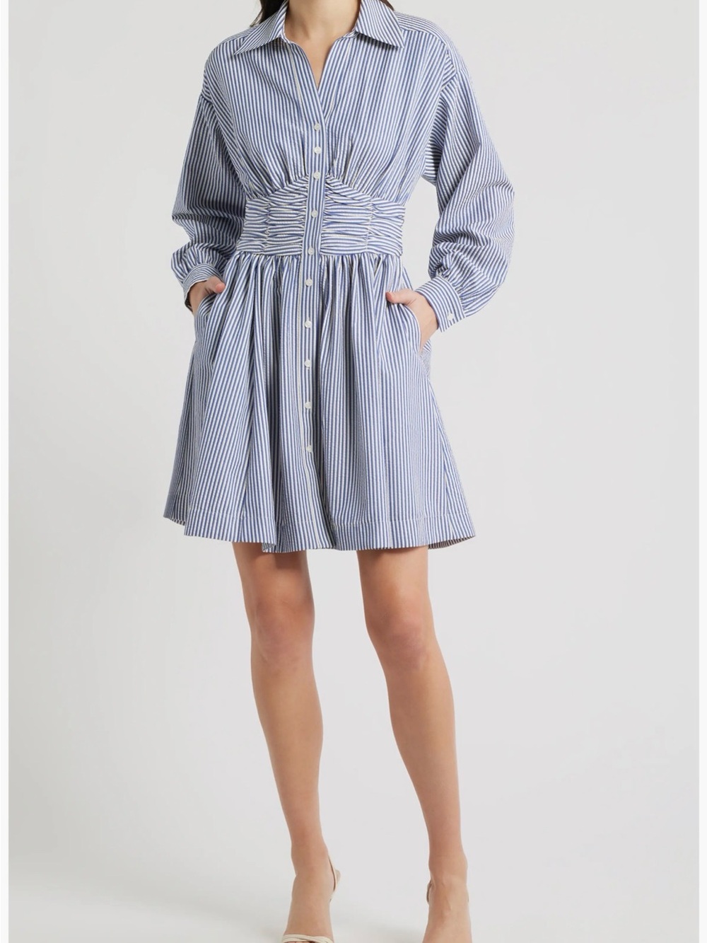 julia jordan Blue and White Striped Shirt Dress with Ruched Waist